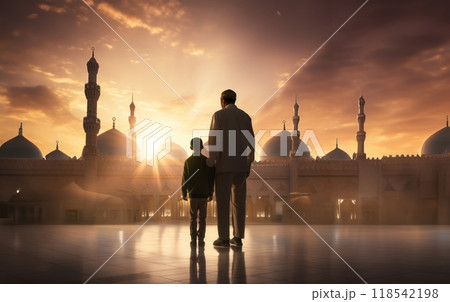 Father and Son in Ihram at a Sacred Site During Their Pilgrimage.Generated image 118542198