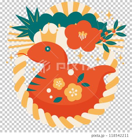 Two-row camellia decoration for the year of the snake New Year's card icon, retro color, illustration, cute, red snake 118542211