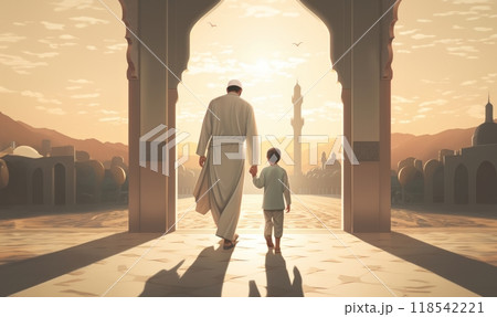 Father and Son in Ihram at a Sacred Site During Their Pilgrimage.Generated image Father and Son in Ihram at a Sacred Site During Their Pilgrimage.Generated image 118542221