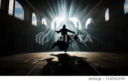 A mesmerizing silhouette of a Sufi dervish performing a traditional whirling dance, embodying spiritual grace and devotion.Generated image 118542240