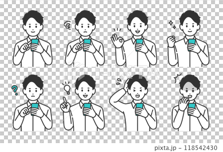 A set of young men with various expressions and poses while looking at their smartphones [People vector illustration material] 118542430