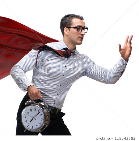 Businessman with red cover and alarm clock Businessman with red cover and alarm clock 118542582