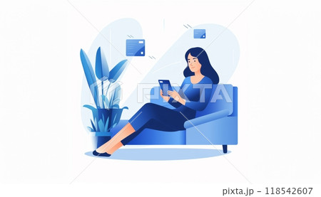 Seated comfortably on a sofa, a woman engages in the modern convenience of e-commerce, using a tablet to shop online and make digital purchases, capturing the essence of virtual retail therapy 118542607