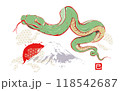 2025年 巳年 年賀状 　富士山と蛇の年賀状イラスト/ベクター、墨絵、和柄、お正月 118542687