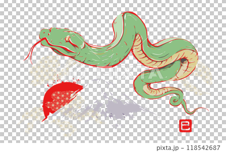 2025年 巳年 年賀状 　富士山と蛇の年賀状イラスト/ベクター、墨絵、和柄、お正月 118542687