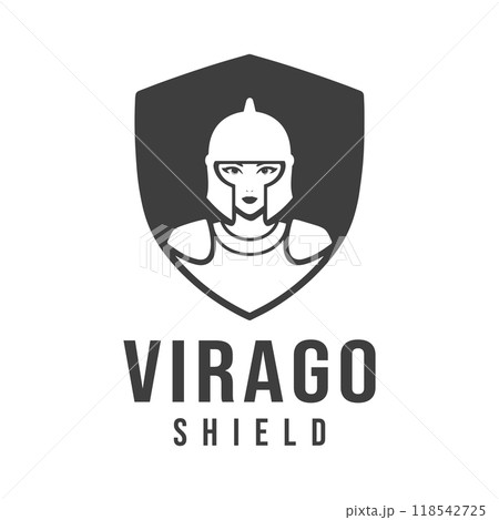 Illustration of a Female Warrior wearing a Helmet and Armor, protected by a shield can be used for Defense, Security Logos 118542725