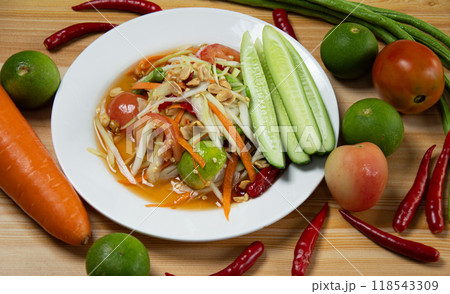 Somtam Thai food Malakor Somtam Famous Thai food, Thai salad, "Somtam" food, background, Laos, Southeast Asia, Somtam, raw papaya, sweet, salty, sour, spicy. 118543309