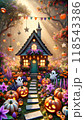 朝日に照らされた魔法のカボチャの家とハロウィンの庭 朝日に照らされた魔法のカボチャの家とハロウィンの庭 118543386