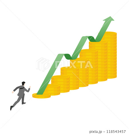 Businessman running toward a rising stack of golden coins, represent the upward trend of financial prosperity, business growth, and currency strength in the modern global economy and stock market 118543457
