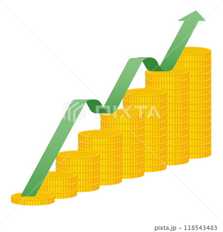 Business, money, and investment concept. Golden coins stack up and a green arrow for financial prosperity, economic forecast, and currency growth. Economic expansion and wealth management strategies. 118543483