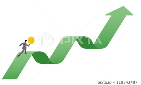 Vector illustration, a businessman holds a coin while running along an upward green arrow, the journey of investment and financial success in today's economy, emphasizing growth and prosperity 118543487