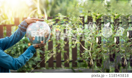 The concept of creating a green ecosystem, reducing global warming, reducing carbon, and using clean energy. 118543818