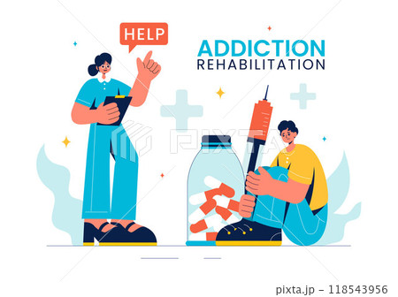Addiction Rehabilitation Vector Illustration featuring an Inpatient Drug Rehab Center, Treatment Methods, and the Stabilization of Medical Conditions 118543956