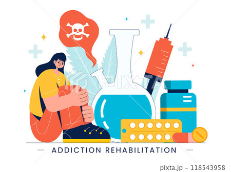 Addiction Rehabilitation Vector Illustration featuring an Inpatient Drug Rehab Center, Treatment Methods, and the Stabilization of Medical Conditions Addiction Rehabilitation Vector Illustration featuring an Inpatient Drug Rehab Center, Treatment Methods, and the Stabilization of Medical Conditions 118543958
