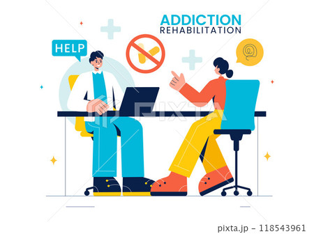 Addiction Rehabilitation Vector Illustration featuring an Inpatient Drug Rehab Center, Treatment Methods, and the Stabilization of Medical Conditions 118543961