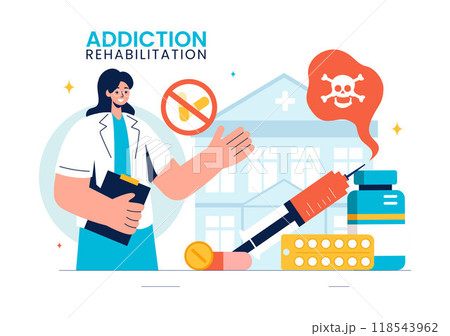 Addiction Rehabilitation Vector Illustration featuring an Inpatient Drug Rehab Center, Treatment Methods, and the Stabilization of Medical Conditions 118543962