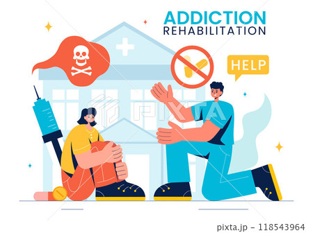 Addiction Rehabilitation Vector Illustration featuring an Inpatient Drug Rehab Center, Treatment Methods, and the Stabilization of Medical Conditions Addiction Rehabilitation Vector Illustration featuring an Inpatient Drug Rehab Center, Treatment Methods, and the Stabilization of Medical Conditions 118543964
