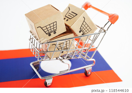 Online shopping, Shopping cart box on Laos flag, import export, finance commerce. 118544610