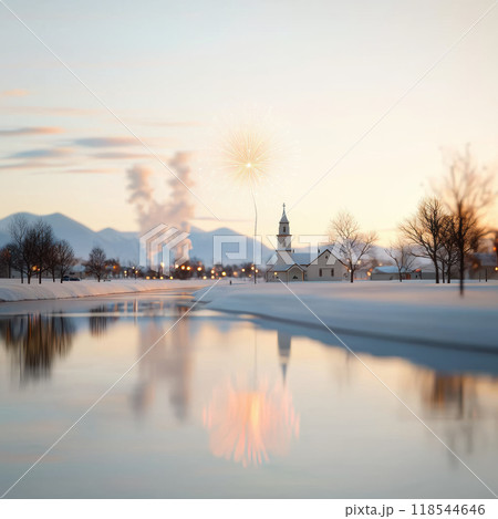 A serene winter landscape features charming church by snow covered river, with vibrant fireworks reflecting in water. peaceful scene captures beauty of nature and celebration 118544646