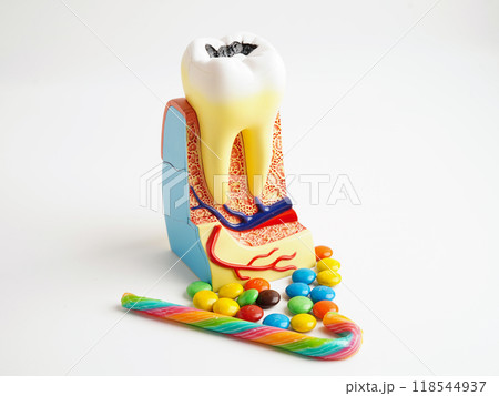 Tooth decay with sweet sugar candy, bad food for dental health care. 118544937