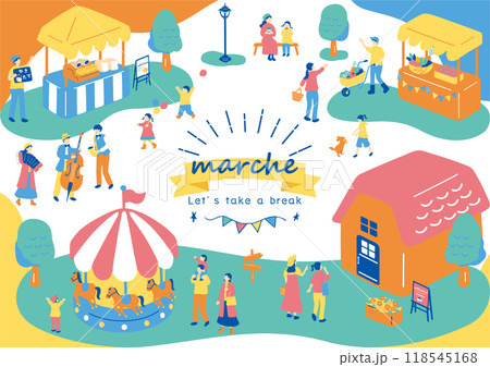 マルシェ　休日のマーケットで楽しむ人々 118545168