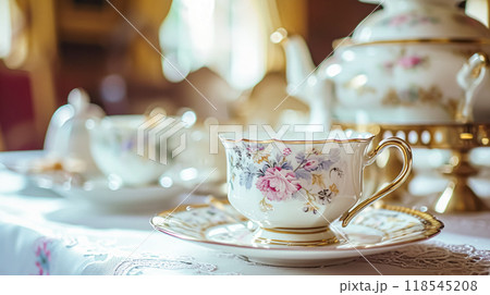 Elegant table setting for tea party with cakes and cupcakes in English manor. Selective focus. Vintage style 118545208