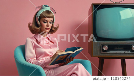 1970s futuristic retro concept, beautiful young woman reading book in armchair, generative ai 118545274
