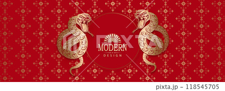 Red background with golden pattern, snakes and round frame isolated Red background with golden pattern, snakes and round frame isolated 118545705