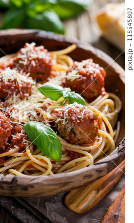 Classic spaghetti and meatballs with homemade pasta, marinara sauce, hearty meatballs, Parmesan, and basil 118545807