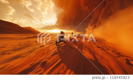 Martian bikers on futuristic motorcycles navigating dusty canyon-like desert with steep inclines and rocky terrain 118545823