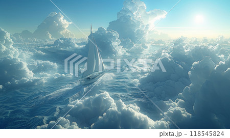 Panoramic view of a small yacht sailing on the open sea, framed by endless waves and a cloud-studded sky 118545824