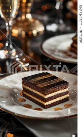 Elegant dessert plate with opera cake slices revealing almond sponge, coffee buttercream, and dark chocolate ganache 118545848
