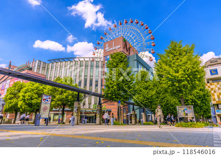 日本の横浜都市景観 秋の気配も…。9月だが、夏のような暑さ続く…センター北駅前の都築阪急などを望む 118546016