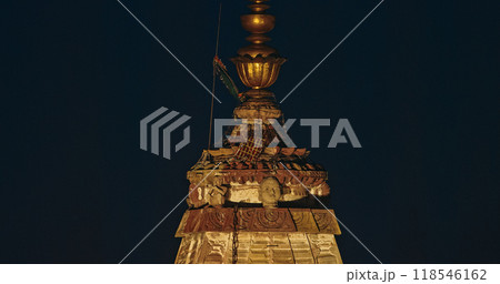 Jaipur, Rajasthan, India. Close-up View On Sita Ram Ji Ka Temple In Night Illumination. Temple Is Situated In Chhoti Chaupar Bazar. Sikhara Is Surmounted By Large Amalaka And Beautiful Water Vase Type 118546162