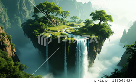 Majestic waterfall cascading from a floating island paradise in a misty valley 118546437