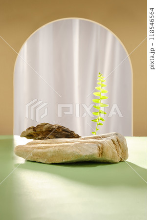 Template photo for advertisement, blank rock podium placed in center for product displaying, decorated with a green plant, many sunshine shining on. Front view, copy space for adding text Template photo for advertisement, blank rock podium placed in center for product displaying, decorated with a green plant, many sunshine shining on. Front view, copy space for adding text 118546564