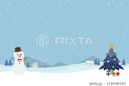 雪だるまとクリスマスツリーの背景イラスト 118546593