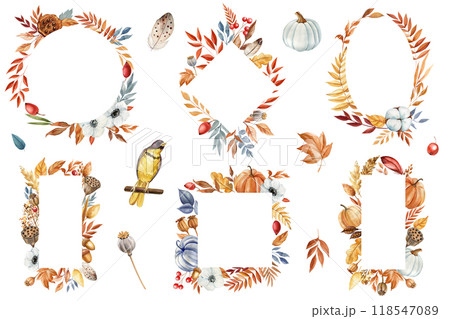 Set Elegant autumn frame with pumpkin, leaf, flower Isolated. Watercolor boho painting. Fall flora invitation, design 118547089