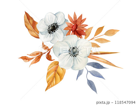Boho Composition with anemones flowers and dry leaves isolated. autumn flora watercolor painting for design poster, card Boho Composition with anemones flowers and dry leaves isolated. autumn flora watercolor painting for design poster, card 118547094