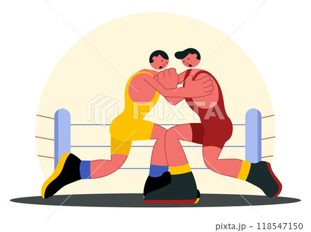 Wrestling Vector Illustration of Two Fighters in a Boxing Competition or Championship Match in an Arena in a Flat Style Cartoon Background Wrestling Vector Illustration of Two Fighters in a Boxing Competition or Championship Match in an Arena in a Flat Style Cartoon Background 118547150