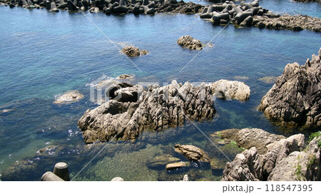 景勝地の笹川流れの透明度の高い海と磯場 118547395