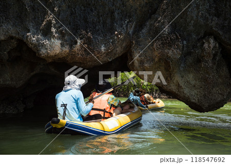 Tourist on canoe through grotto cave to mangrove forest, Phang Nga 118547692
