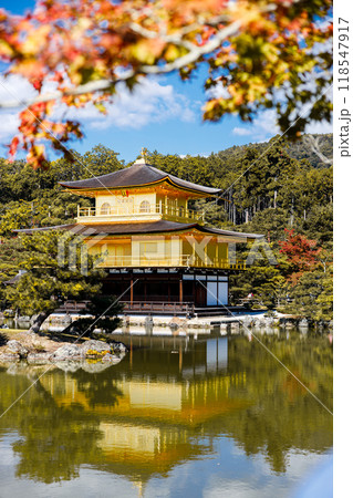 Golden pavilion of the Kinkakuji temple surrounded with Japanese garden and pond in Autumn season. Kyoto, Japan. 118547917