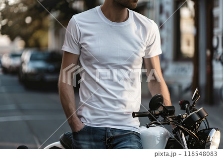 AI-generated item. Man in white t-shirt and jeans standing on a motorbike. 118548083