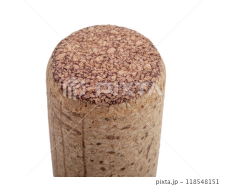 Vintage old wine cork isolated on the white 118548151