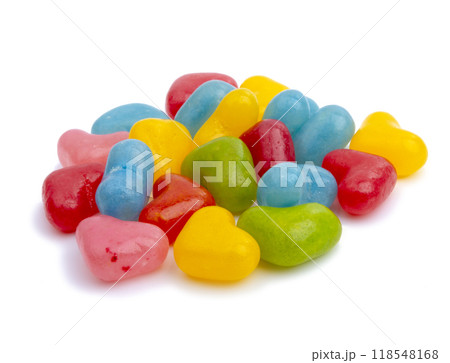Multicolored jelly hearts candies or yummy sweets isolated on the white Multicolored jelly hearts candies or yummy sweets isolated on the white 118548168