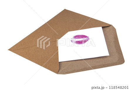 Craft envelope with lip kiss track isolated on the white 118548201