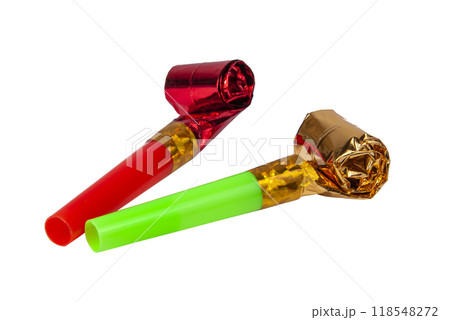 Party foil whistle or noise maker horn rolled isolated on the white 118548272