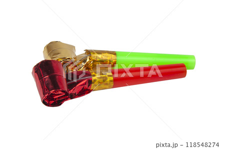 Party foil whistle or noise maker horn rolled isolated on the white Party foil whistle or noise maker horn rolled isolated on the white 118548274