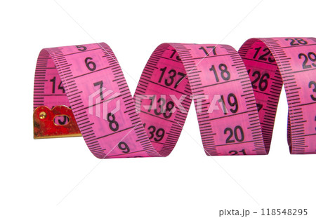 Pink rubber tape measure for sewing cloth or fabric isolated on the white 118548295